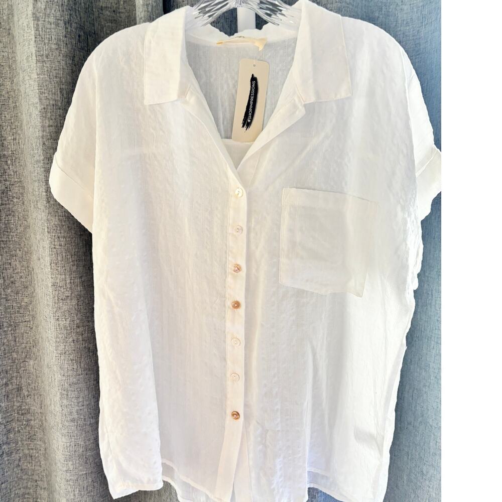 Impressions White Button Front Textured Blouse Womens Small NWT